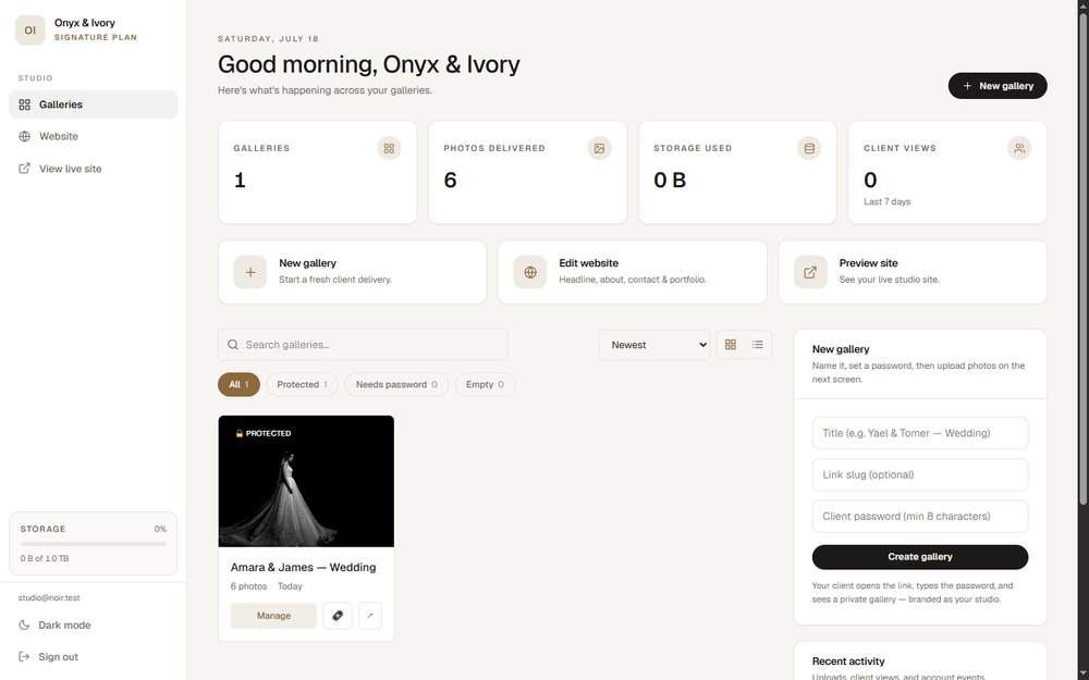 The Aurora Studios photographer dashboard: galleries, delivered-photo and storage stats, and quick actions to create and send a gallery.