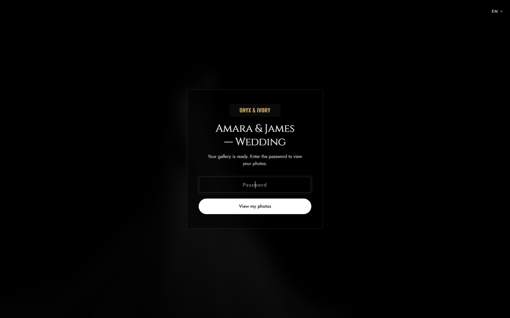 The real branded client password gate: a blurred cover photo, the studio's own logo and a password field.