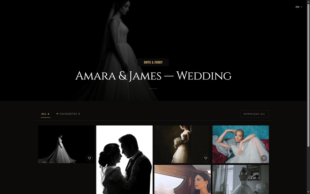 A real Aurora Studios client gallery: a full-bleed cover photo, a photo grid, favorites and a Download all button.