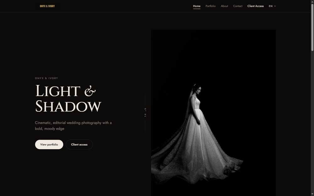 A real Aurora Studios photographer website — Onyx & Ivory — live on its own domain, with the studio's own navigation, portfolio and branding.